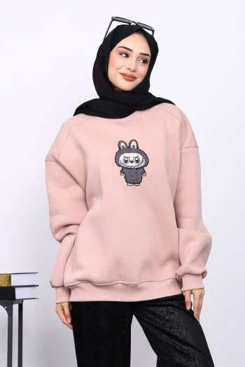 Pudra Bisiklet Yaka Üç İplik Sweat