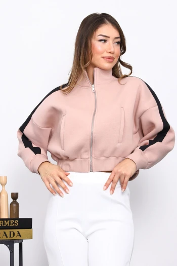 Pudra Fermuarlı Üç İplik Sweat Hırka