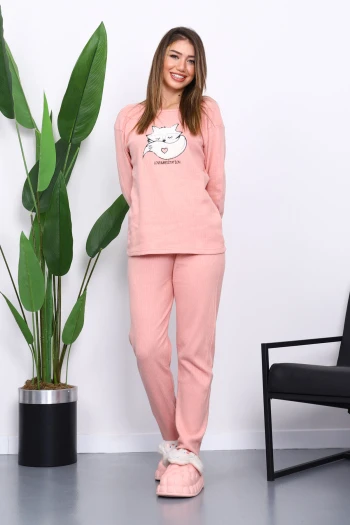 Pudra Kışlık Pamuklu İnterlok Pijama Takımı