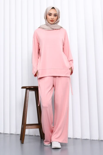Pudra Ön Detaylı Modal Tunik Pantolonlu Takım