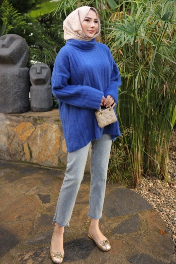 Saks Mavi Balıkçı Yaka Salaş Angora Yumoş Triko Tunik