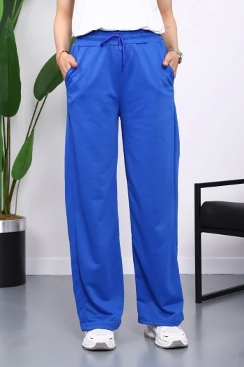 Saks Mavi Bel Lastikli İki İplik Palazzo Eşofman Alt