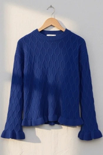 Saks Mavi Bel Ve Kol Ucu Fırfırlı Triko Kazak