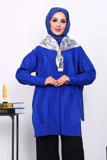 Saks Mavi Bisiklet Yaka Soğuk İplik Triko Tunik