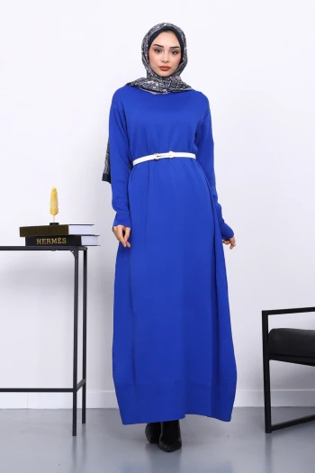 Saks Mavi Bisiklet Yaka Triko Elbise