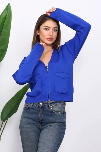 Saks Mavi Çift Cepli Fermuarlı Triko Hırka