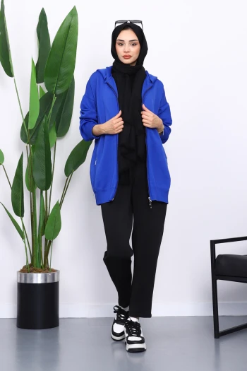 Saks Mavi Çift Cepli Fermuarlı Triko Hırka