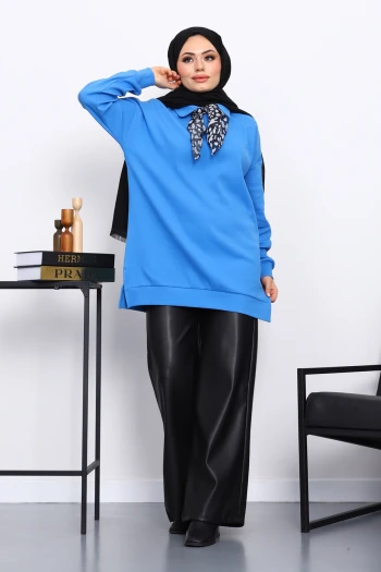 Saks Mavi Fular Detaylı Yakalı Tunik