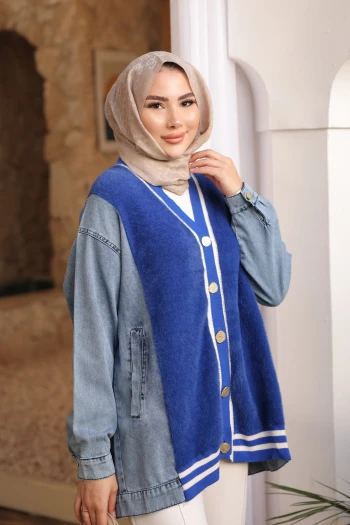 Saks Mavi Kot Garnili Yumoş Angora Hırka