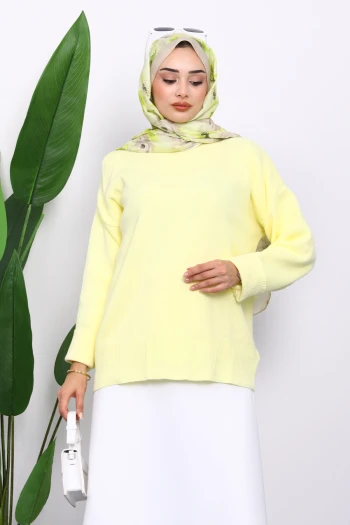 Sarı Bisiklet Yaka Yumuşak Dokulu Oversize Triko Kazak