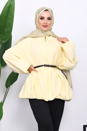 Sarı Pileli Astarlı Gabardin Ceket