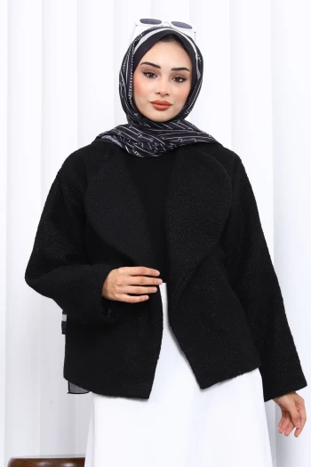 Siyah  Geniş Yaka Kısa Kaşe Ceket