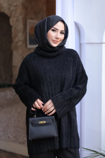 Siyah Balıkçı Yaka Salaş Angora Yumoş Triko Tunik