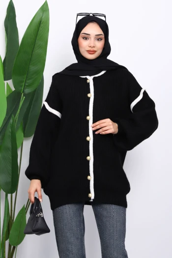 Siyah Balon Kol Düğmeli Triko Hırka