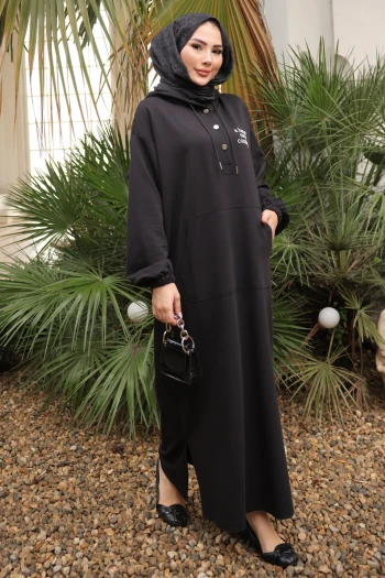 Siyah Baskılı Kapüşonlu İki İplik Elbise