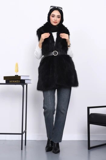 Siyah Bel Kemerli Çift Cepli Kürk Yelek