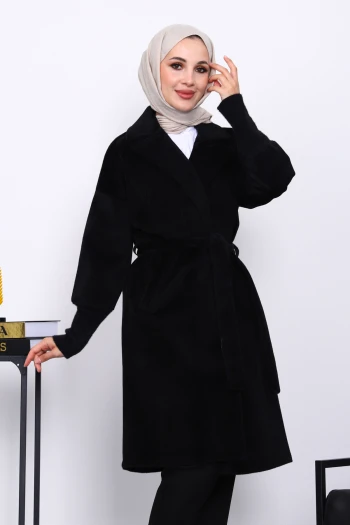 Siyah Bel Kuşaklı Çift Cepli Angora Kaban