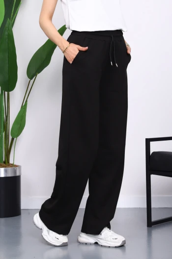 Siyah Bel Lastikli İki İplik Palazzo Eşofman Alt