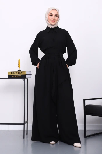 Siyah Bel Lastikli Tulum