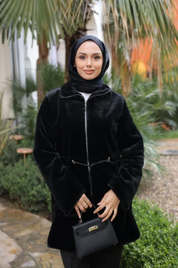 Siyah Beli İpli Flato Cepli Fermuarlı Peluş Mont