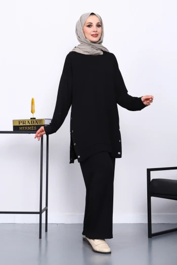 Siyah Bisiklet Yaka Çıtçıt Detaylı Modal Takım