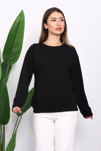 Siyah Bisiklet Yaka İki İplik Sweatshirt