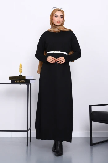 Siyah Bisiklet Yaka Triko Elbise