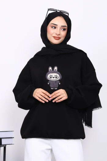 Siyah Bisiklet Yaka Üç İplik Sweat