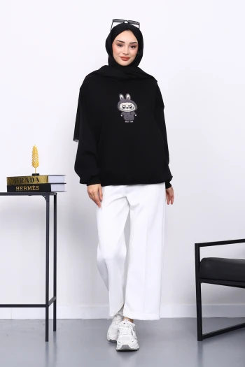 Siyah Bisiklet Yaka Üç İplik Sweat