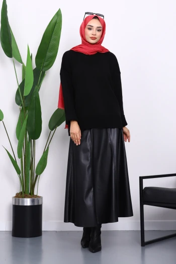 Siyah Bisiklet Yaka Yumuşak Dokulu Oversize Triko Kazak