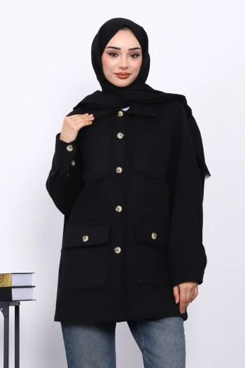 Siyah Cepli Düğmeli Kaşe Ceket