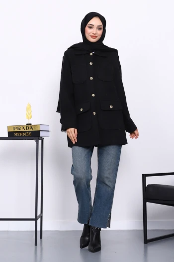 Siyah Cepli Düğmeli Kaşe Ceket