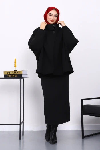 Siyah Cepli Oversize Kaşe Kaban