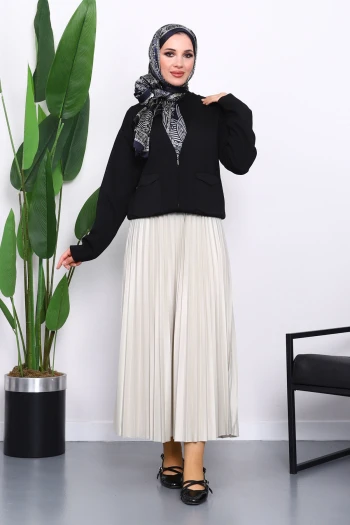 Siyah Çift Cepli Fermuarlı Triko Hırka