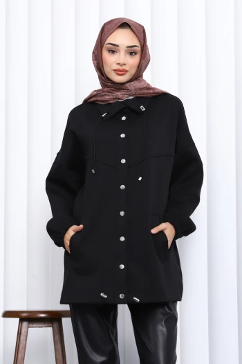 Siyah Çıtçıt Detaylı Cepli Ceket
