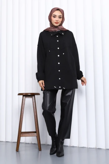 Siyah Çıtçıt Detaylı Cepli Ceket