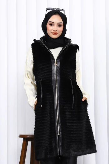 Siyah Deri Garnili Angora Yumoş Yelek