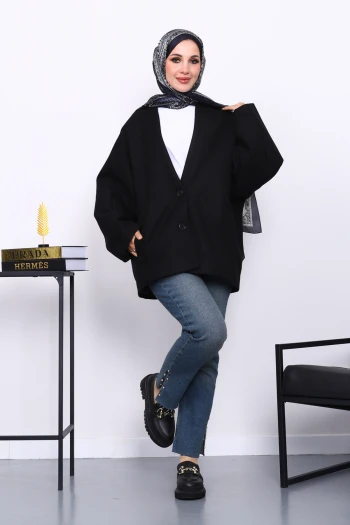 Siyah Düğme Detaylı Astarlı Kaşe Ceket