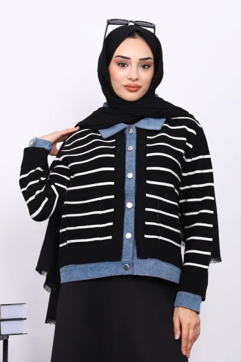 Siyah Düğmeli Kot Detaylı Triko Hırka