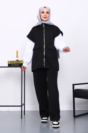 Siyah Fermuarlı Cepli Yelek Pantolonlu Scuba Takım