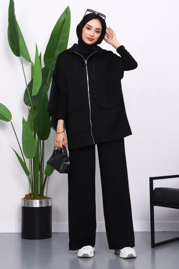 Siyah Fermuarlı Çift Cepli Modal Yelek Pantolonlu Takım