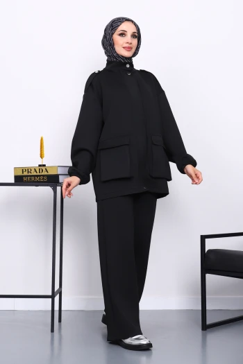 Siyah Fermuarlı Scuba Ceket Pantolonlu Takım