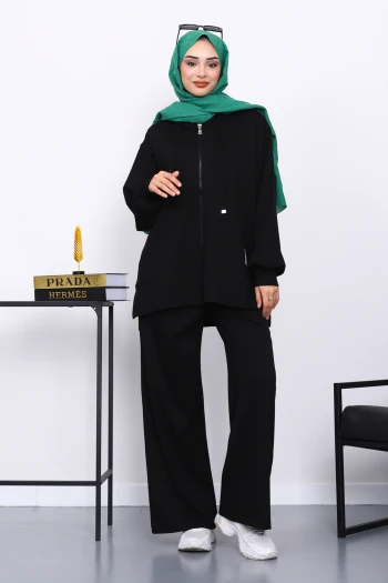 Siyah Fermuarlı Tunik Pantolonlu Takım