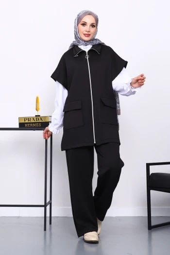 Siyah Fermuarlı Yelek Pantolonlu Scuba Takım