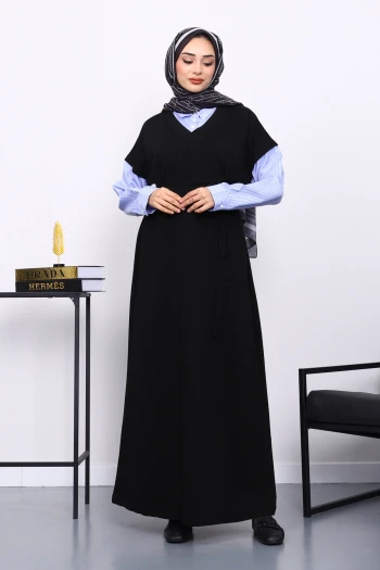 Siyah Gömlek Garnili İki İplik Elbise