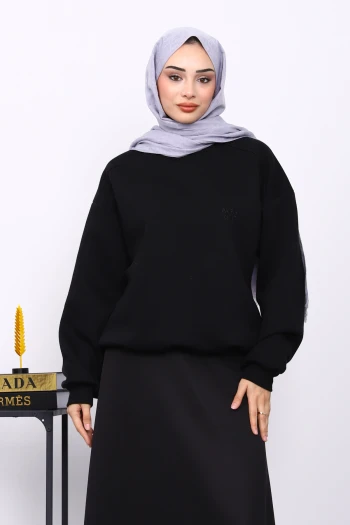 Siyah Kanguru Cepli Şardonlu Üç İplik Hırka