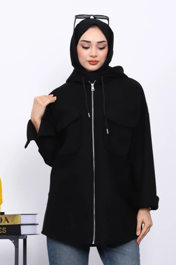Siyah Kapşonlu Çift Cepli Kaşe Ceket
