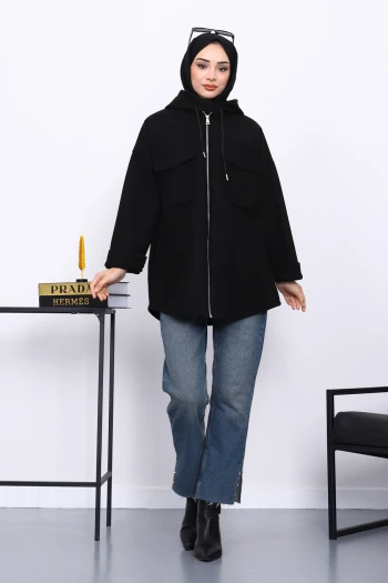 Siyah Kapşonlu Çift Cepli Kaşe Ceket