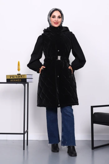 Siyah Kapşonlu Kemerli Şişme Yelek