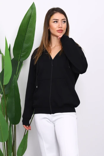 Siyah İçi Şardonlu Üç İplik Oversize Hırka